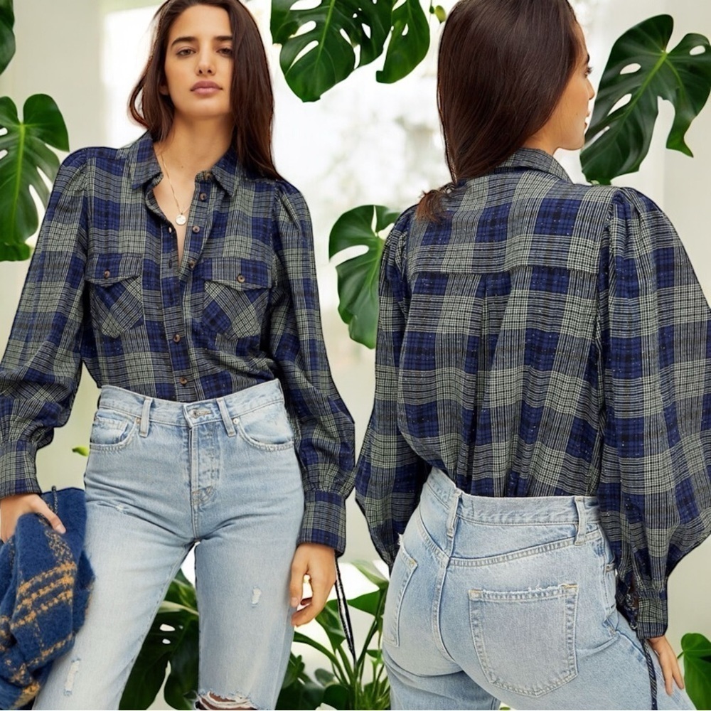 NEW Free People Sun City Plaid‎ Top Blue and Green Puff Sleeves Women’s Size S